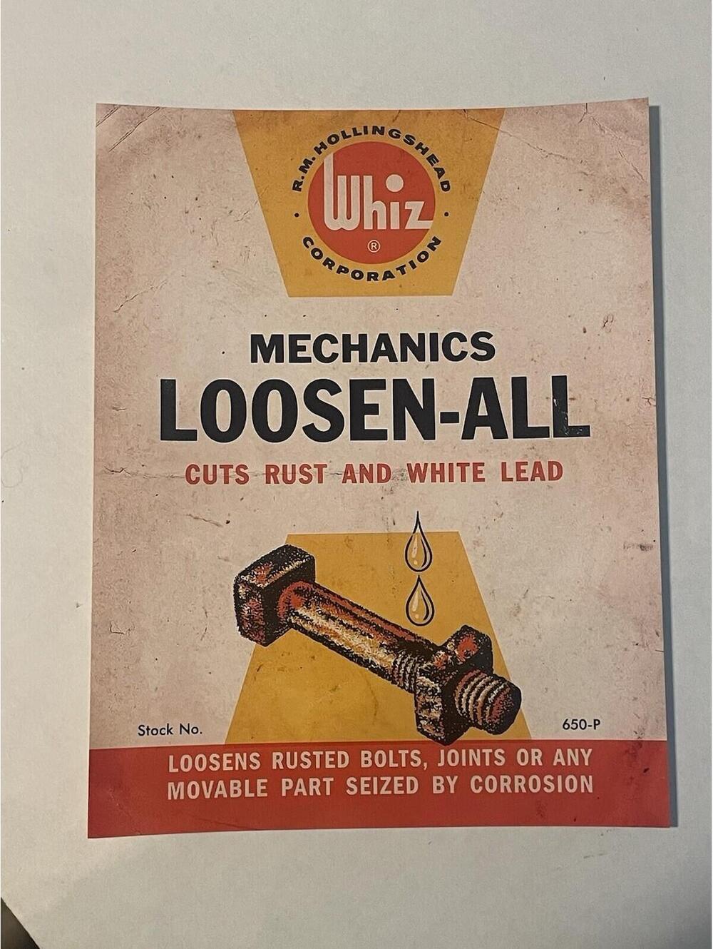 Whiz Mechanics Loosen-All  PRINT 8.5x11 Vintage Can Sign Gallon Quart Gas